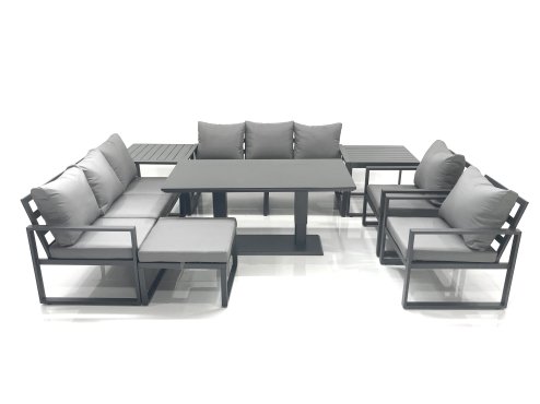 Fimous Garden Sofa Set Aluminium Furniture Rising Dining Tabe Set with 2 Chair Big Footstools 2 Side Tables Dark Grey