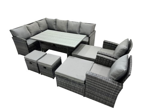 Fimous 12 Seat Poly Rattan Outdoor Patio Dining Table Corner Sofa Set with 4 Stool 2 Chairs for Garden Backyard Dark Grey Mixed