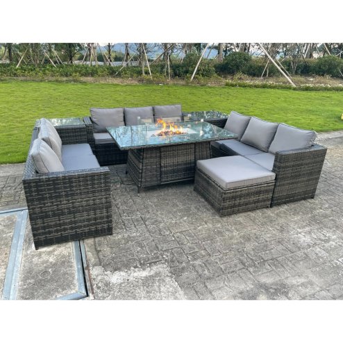 Fimous U Shape Outdoor Rattan Garden Furniture Gas Fire Pit Table Sets Gas Heater Lounge Sofa Dark Grey Big Footstool 10 Seater