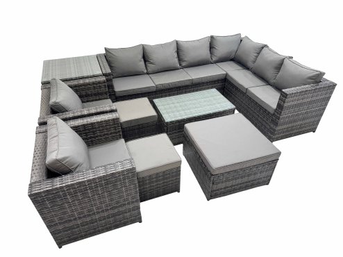 Fimous Patio Sofa Oblong Coffee Table Set Rattan Garden Furniture Set with 2 Chairs 3 Stools Side Table Dark Grey Mixed