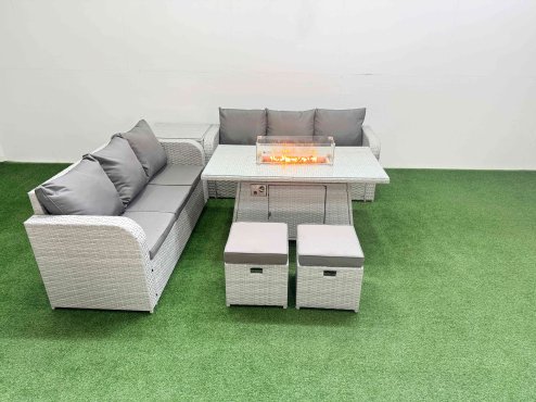 Fimous Outdoor Garden Furniture Sets 8 Seater Wicker Rattan Furniture Sofa Sets with Firepit Dining Table high Back Lounge Sofa Stools Side Table Light Grey