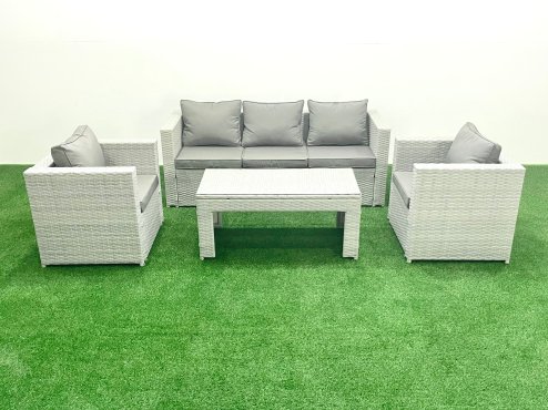 Fimous Rattan Garden Furniture Set 4 Pieces Outdoor Garden Sofa Oblong Coffee Table Set with 2 Chairs Light Grey Mixed