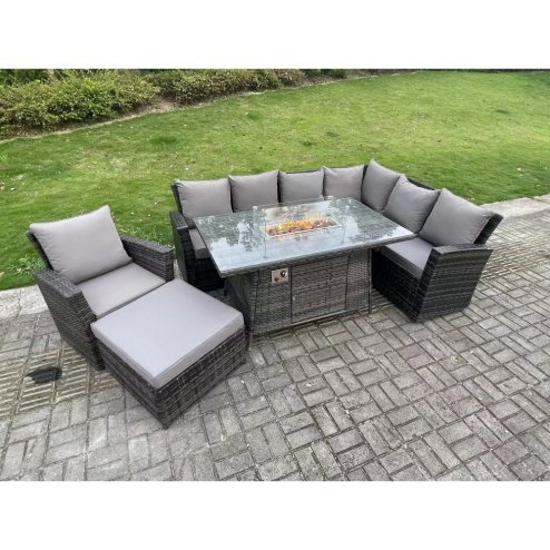 Fimous 8 Seater?Outdoor Rattan Gas Fire Pit Sofa Dining Set Garden Furniture Heater Dining Table Chair Dark Grey Mixed Right Side