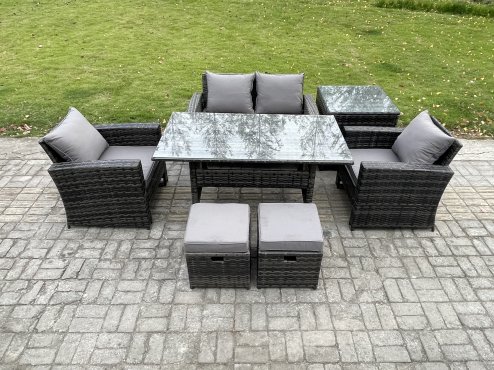 Fimous PE Wicker Outdoor Garden Furniture Set Patio Furniture Rattan Rectangular Dining Table Lounge Sofa with Side Table 2 Small Footstool