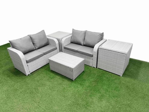 Fimous 4 Seater Outdoor Love Sofa Set Rattan Garden Furniture Set with Rectangular Coffee Table 2 Side Tables Light Grey