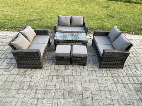 Fimous Outdoor U Shape Sofa Set Wicker PE Rattan Garden Furniture Set with Coffee Table Double Seat Sofa 2 Small Footstools Dark Grey Mixed