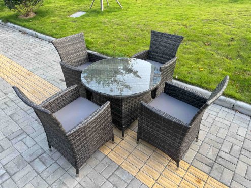Fimous 5-Piece PE Rattan Garden Furniture 4 Seater Garden Big Round Table and Chairs for Patio Dark Grey Mixed