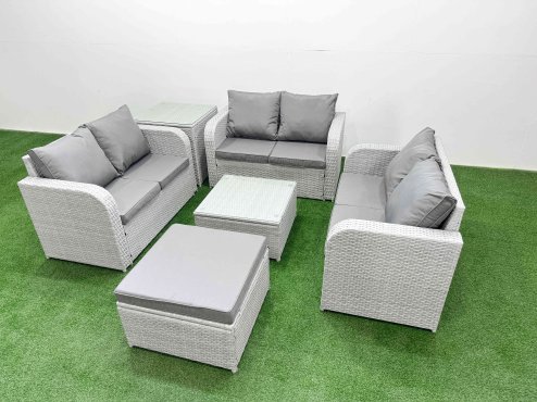 Fimous 7 Seater PE Wicker Rattan Furniture Sofa Sets with Square Coffee Table 2 Seater Love Sofa Big Footstool Side Table Light Grey