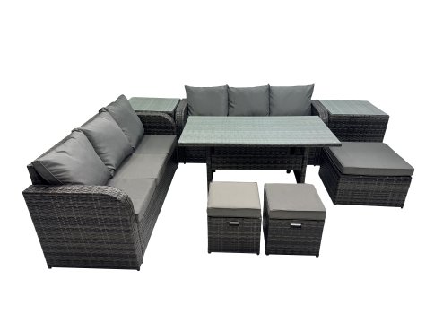 Fimous 9 Seat Outdoor Wicker PE Rattan Garden Furniture Set Dining Table Sofa Set with 2 Side Tables 3 Stools Dark Grey Mixed