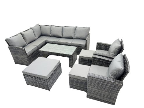 Fimous 11 Seat Poly Rattan Outdoor Patio Oblong Coffee Table Corner Sofa Set with 3 Stools 2 Chairs for Garden Backyard Dark Grey Mixed