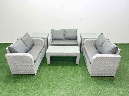 Fimous 6 Seater PE Wicker Rattan Furniture Sofa Sets with Oblong Coffee Table 2 Seater Love Sofa 2 Side Table Light Grey