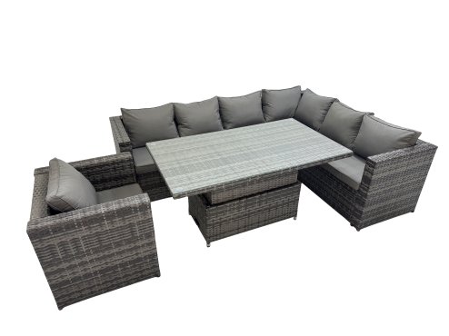 Fimous 7 Seater Rattan Height Adjustable Rising Lifting Table Corner Sofa Sets with Chair Dark Grey Mixed