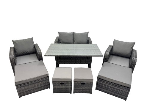 Fimous 8 Seat Outdoor Wicker PE Rattan Garden Furniture Set Dining Table Sofa Sets with 4 Stools Dark Grey Mixed