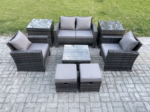 Fimous Rattan Wicker Garden Furniture Patio Conservatory Sofa Set with Square Coffee Table Armchair 2 Seater Sofa 2 Small Footstools 2 Side Tables