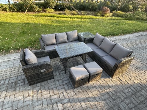 Fimous Outdoor Lounge Sofa Set Wicker PE Rattan Garden Furniture Set with Rectangular Dining Table Reclining Chair Side Table 2 Small Footstools Dark Grey Mixed