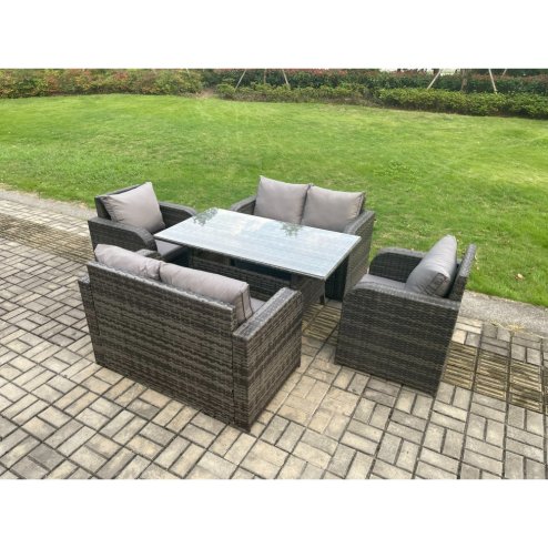Fimous 6 Seater Lounge Rattan Sofa Set Outdoor Garden Furniture Oblong Rectangular Dining Table With Chairs Love Sofa Dark Grey Mixed