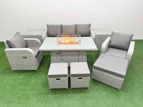 Fimous PE Rattan Garden Furniture Set Reclining Chair Sofa Lounge Sofa Set Firepit Dining Table 2 Side Table 3 Stools Light Grey