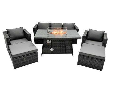 Fimous Rattan Garden Furniture Firepit Dining Set 7 Seater Lounge Sofa Table Set with 2 big Footstool