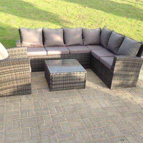 Fimous 7 seater high back dark grey mixed rattan corner sofa set chair square coffee table outdoor furniture right option