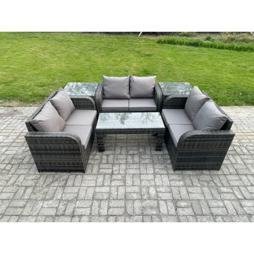 Fimous 6 Seater Rattan Garden Furniture Set Indoor Outdoor Patio Sofa Set with Coffee Table Love seat Sofa 2 Side Tables Dark Grey Mixed