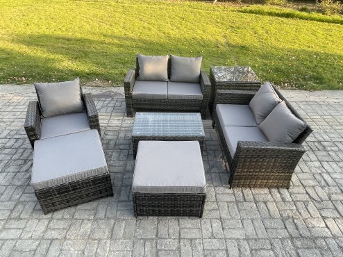 Fimous Rattan Garden Furniture Set 7 Seater Patio Outdoor Lounge Sofa Chair Set with Rectangular Coffee Table 2 Big Footstool Side Table Dark Grey Mixed