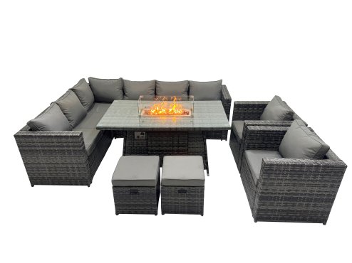 Fimous Rattan Garden Furniture Dining Set 10-seater Gas Firepit Dining Table Corner Sofa Set with 2 Small Stool Dark Grey Mixed
