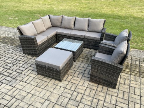 Fimous Rattan Garden Furniture Set Outdoor Lounge Corner Sofa Set With Square Coffee Table Big Footstool 2 Armchairs 9 Seater Dark Grey Mixed