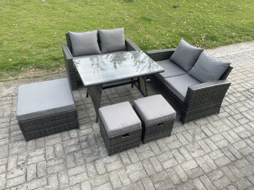 Fimous 7 Seater Garden Dining Set Wicker PE Rattan Outdoor Furniture Sofa with Rectangular Dining Table Double Seat Sofa 3 Footstools Dark Grey Mixed