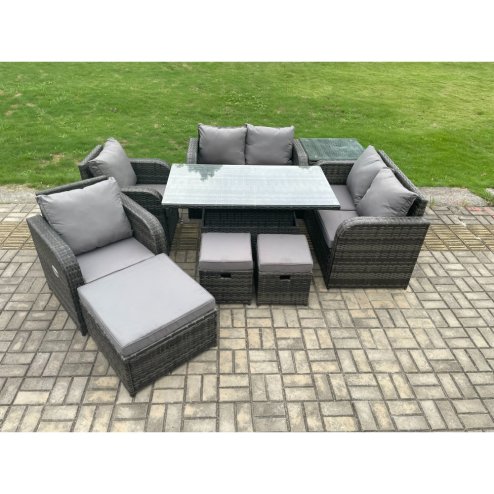 Fimous PE Rattan Garden Furniture Set Height Adjustable Rising lifting Dining Table Chair Love Sofa With Side Table 3 Footstools