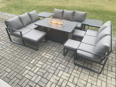 Fimous Aluminium Garden Furniture Outdoor Set Patio Lounge Sofa Gas Fire Pit Dining Table Sets with 3 Footstools 2 Side Tables Dark Grey