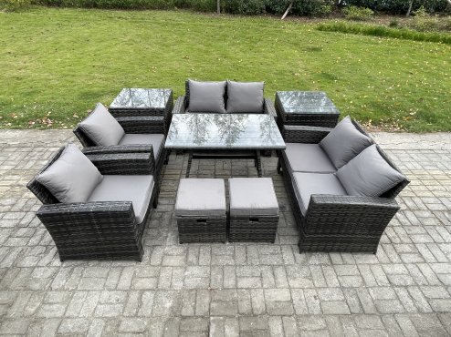 Fimous Garden Furniture Sets 9 Pieces Wicker Rattan Furniture Manual Wicker Patio Sofa Patio Conversation Set with 2 Small Footstools 2 Side Tables Dark Grey Mixed