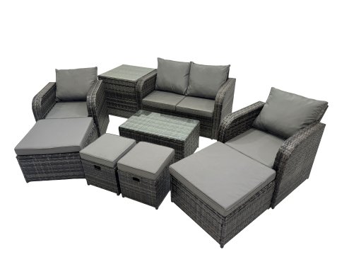 Fimous Outdoor Love Sofa Reclining Chair Coffee Table Set Garden Rattan Furniture Set 8 Seater with 4 Stools Side Table Dark Grey