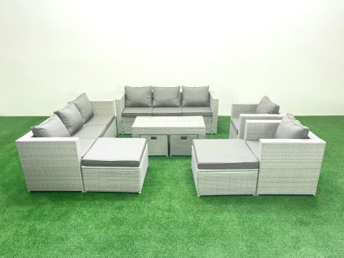 Fimous Outdoor Rattan Garden Furniture Set with Grey Cushions Luxury 12 Seater with 2 Chairs and Coffee Table For Conservatory,Patio
