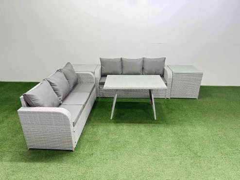 Fimous Patio Dining Table & Chairs Set Rattan High Back Lounge Sofa Set with 3 Seater Sofa 2 Side Tables Light Grey