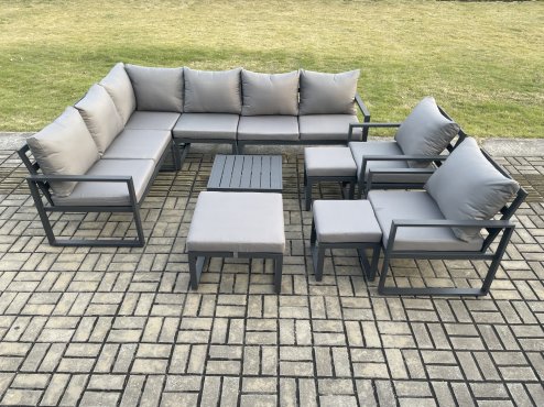 Fimous 11 Seater Outdoor Lounge Corner Sofa Set Aluminum Garden Furniture Sets with Square Coffee Table 2 Chairs 3 Footstools Dark Grey