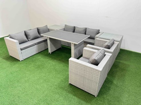 Fimous 8 Seater Wicker PE Rattan Furniture Outdoor Dining Table 3 Seater Sofa Armchair Set with 2 Side Tables Light Grey