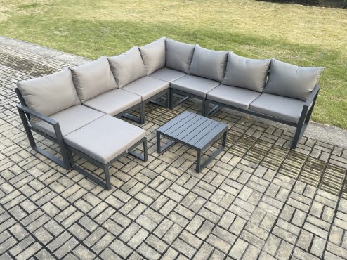 Fimous Outdoor Garden Furniture Patio Lounge Corner Sofa Aluminium Set with Square Coffee Table Big Footstool Dark Grey