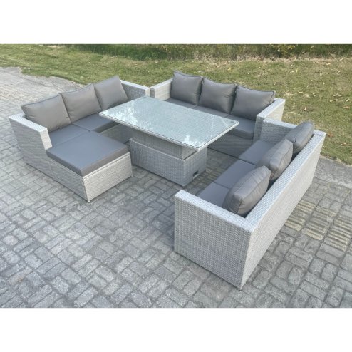 Fimous Light Grey U Shape Lounge Rattan Garden Furniture Set Adjustable Rising Lifting Table Dining Set Footstool