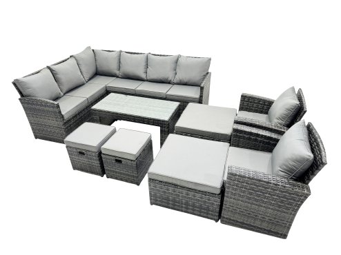 Fimous 12 Seat Poly Rattan Outdoor Patio Oblong Coffee Table Corner Sofa Set with 4 Stools Chair for Garden Backyard Dark Grey Mixed
