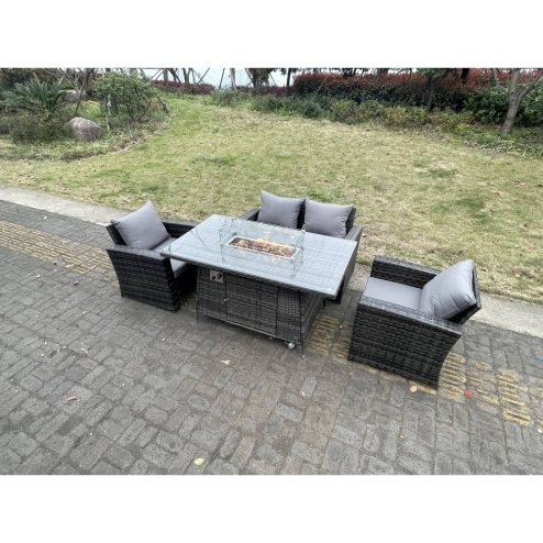 Fimous Rattan Outdoor Furniture Gas Fire Pit Rectangle Dining Table Gas Heater Chairs Two Seater Love Sofa Sets 4 Seater