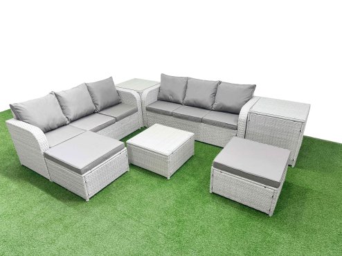 Fimous Outdoor Garden Furniture Sets 8 Seater Wicker Rattan Furniture Sofa Sets with Square Coffee Table high Back Lounge Sofa 2 Big Footstool 2 Side Table Light Grey