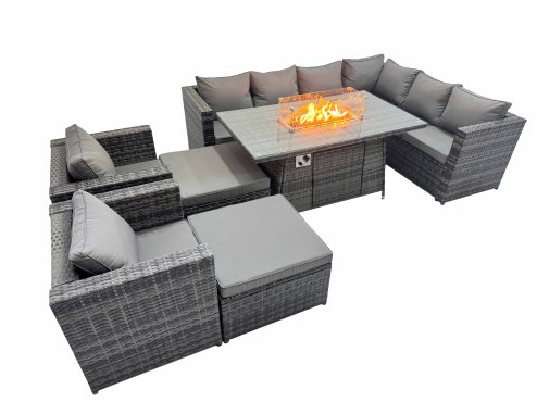 Fimous Garden Rattan Furniture Set 10 Seater Outdoor Corner Sofa 2 Chair Gas Firepit Dining Table Set with 2 Big Stools Dark Grey