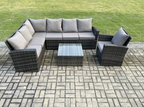 Fimous 7 Seater Outdoor Furniture Garden Dining Set Rattan Corner Sofa Set with Square Coffee Table Armchair Dark Grey Mixed