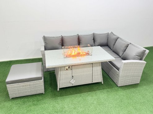Fimous 7 Seat Rattan Garden Furniture Corner Sofa Set Outdoor Gas Fire Pit Table Set with Big Footstool Light Grey