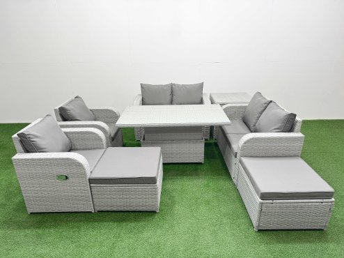 Fimous 8 Seater Outdoor Reclining Chair Love Sofa Set Rattan Garden Furniture Set with Adjustable Lifting Dining or Coffee Table 2 Big FootStools Side Table Light Grey