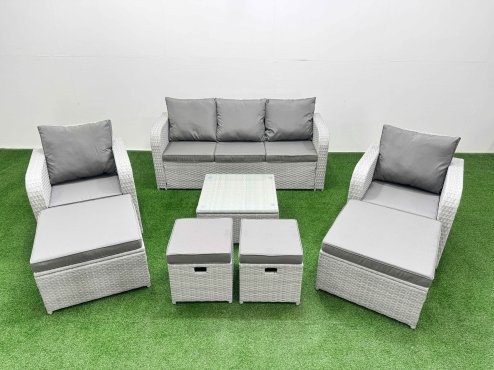 Fimous Outdoor Garden Furniture Set PE Rattan Lounge Sofa Set with Coffee Table 3 Seater Sofa 4 Footstools Light Grey