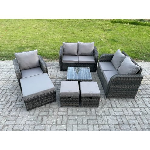 Fimous 7 Piece Garden Furniture Sets 6 Seater Outdoor Patio Furniture Set Weaving Wicker Rattan Sofa Chair and Table with 3 Footstools