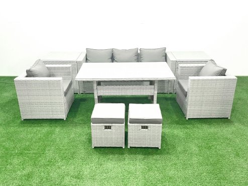 Fimous Garden Dining Set Outdoor Rattan Furniture Set with Sofa Dining Table 2 Chairs 2 Small Footstools 2 Side Tables Light Grey Mixed