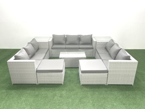 Fimous Rattan Garden Outdoor Furniture Set 11 Seater Garden Sofa Coffee Table Set with 2 Big Footstools 2 Side Tables Light Grey Mixed