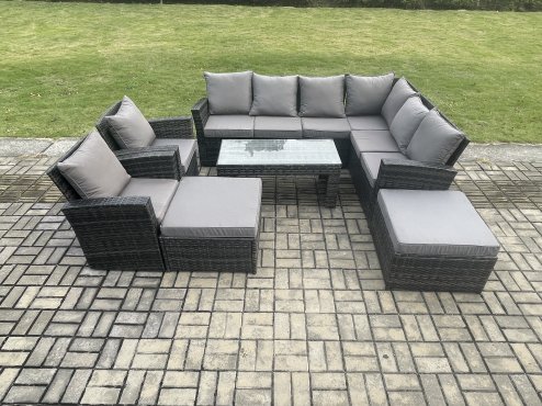 Fimous Rattan Corner Sofa Garden Furniture Set with 2 Big Footstool Rectangular Coffee Table 2 Armchairs with Cushion Dark Grey Mixed